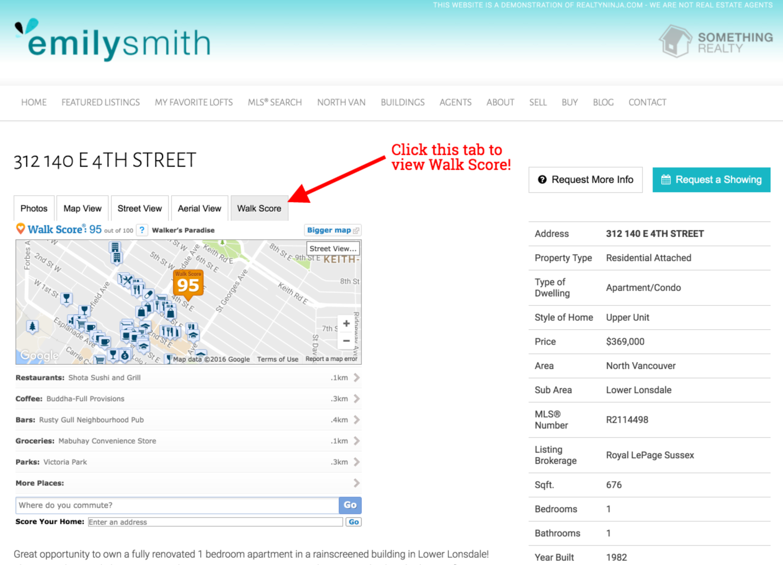 Example of WalkScore widget on RealtyNinja real estate websites