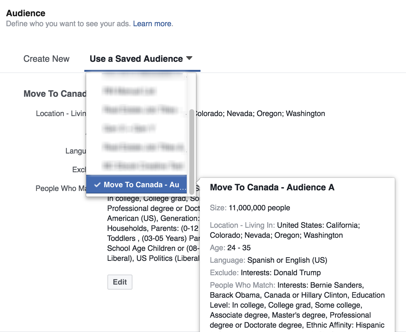 Saved Audiences in Facebook Ad Manager