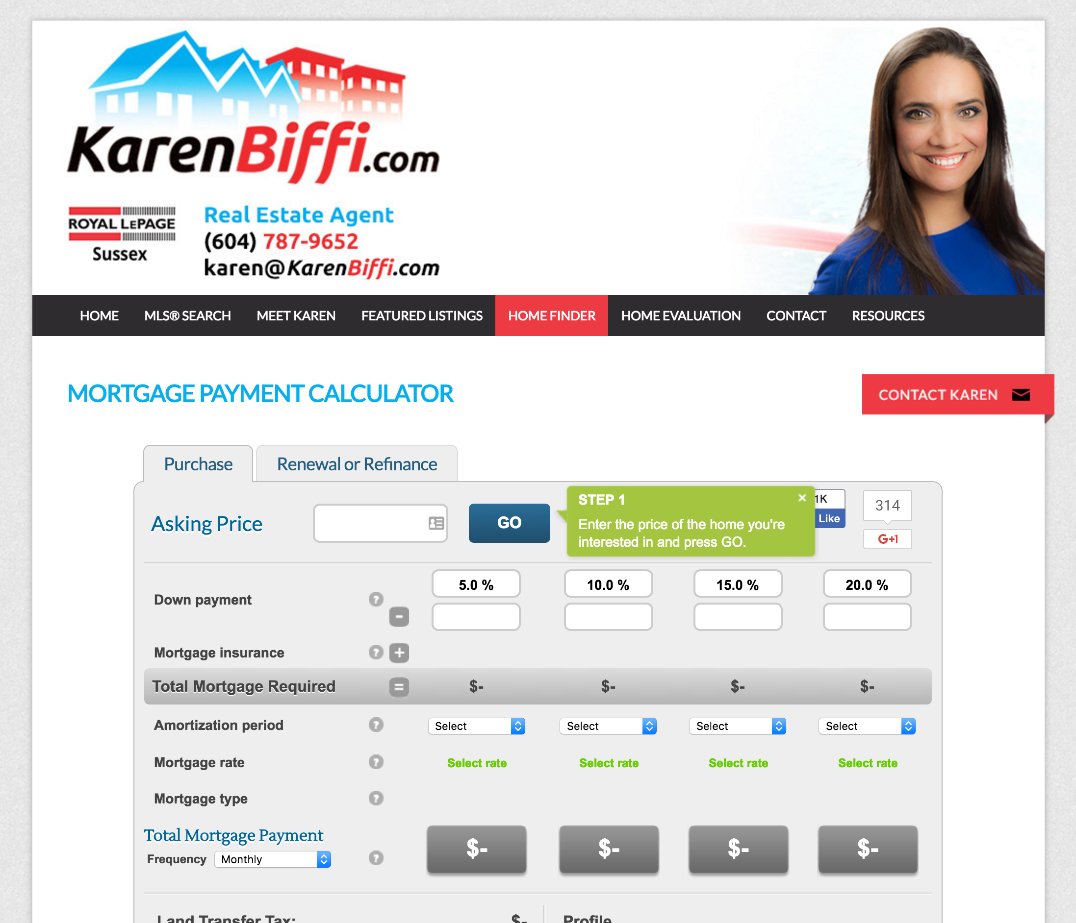 Example of a RateHub Mortgage Calculator on Karen Biffi's Real Estate Website