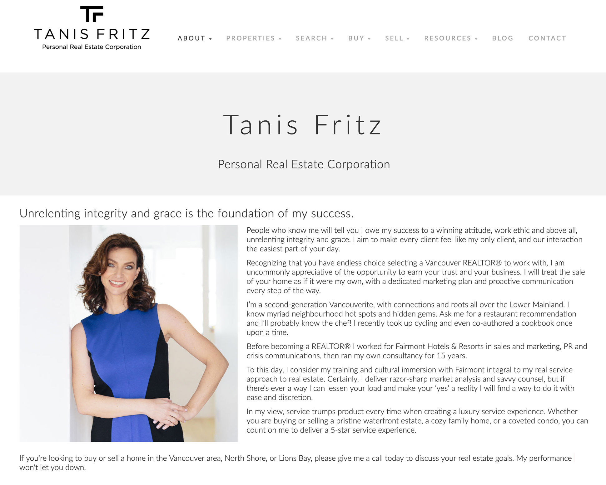 The About Me page on Tanis Fritz's real estate website