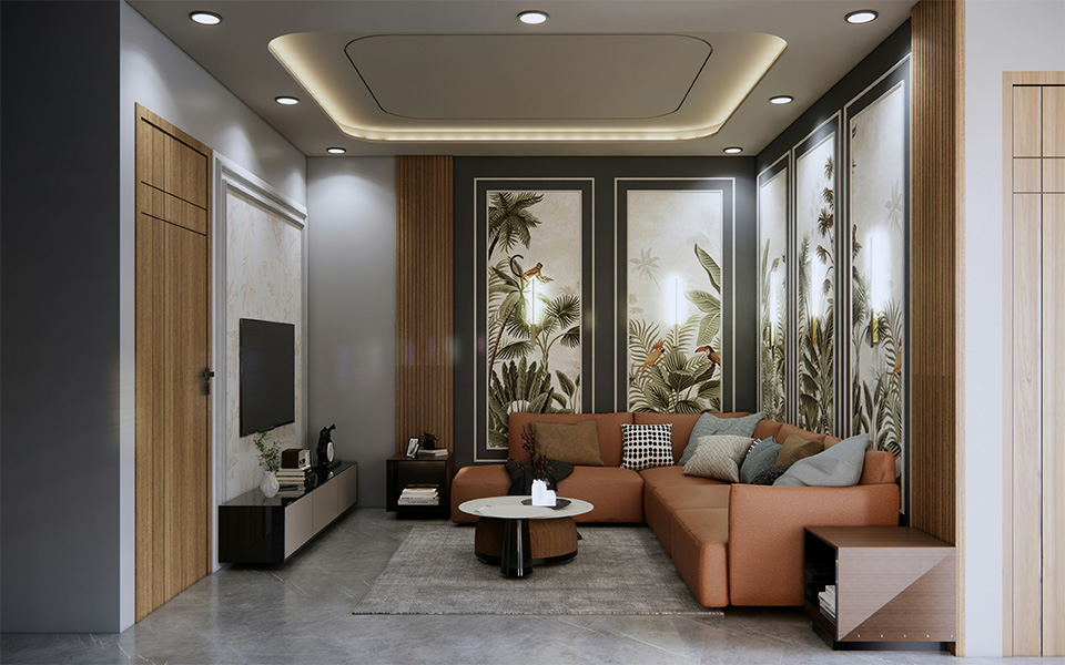 Warm and organic styled modern interior design with leaf motifs
