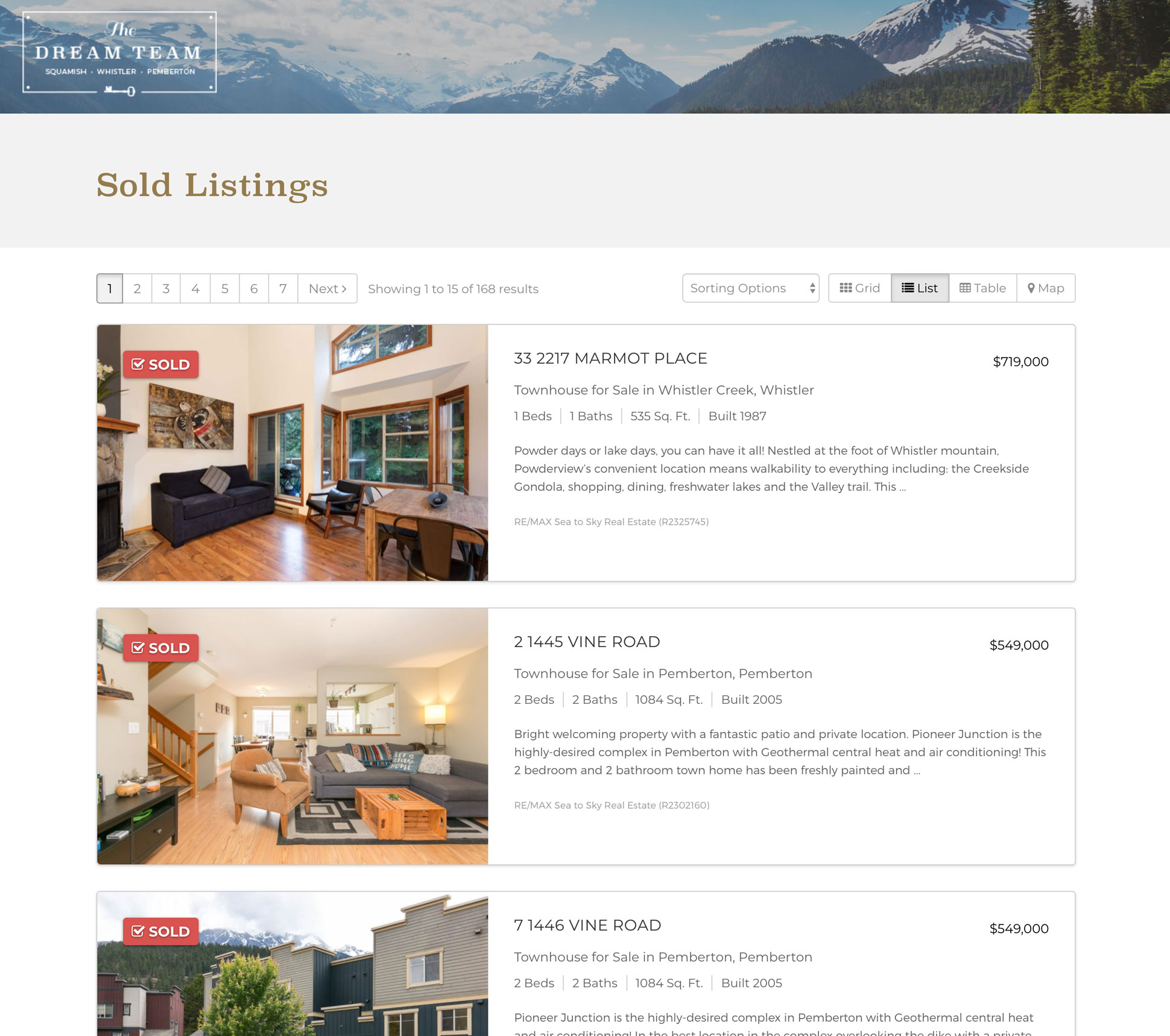 Sea to Sky Dream Team - Sold Listings in Landing Page Mode